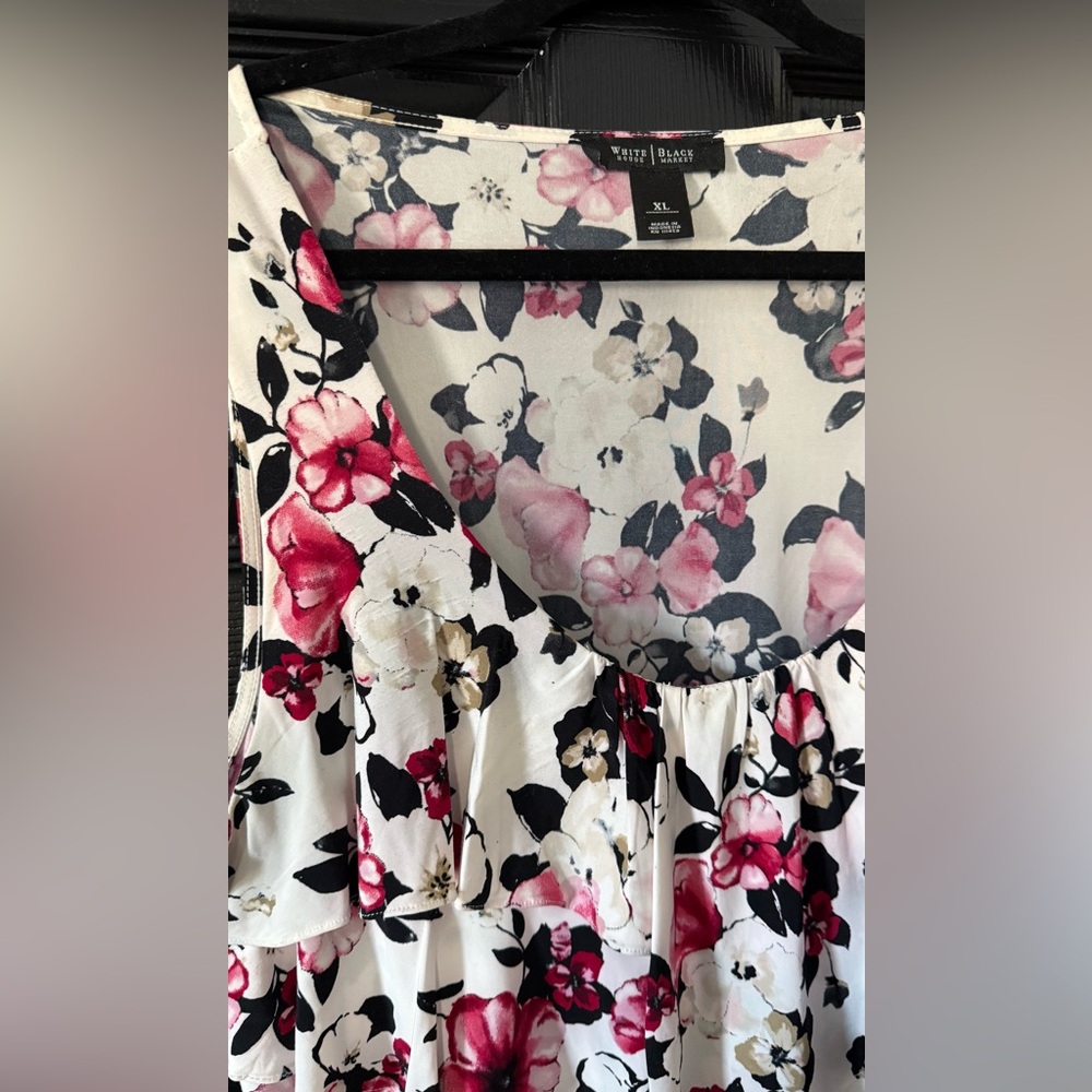 White House Black Market Floral Ruffle Blouse - Red, Pink, Black, White - Picture 2 of 5